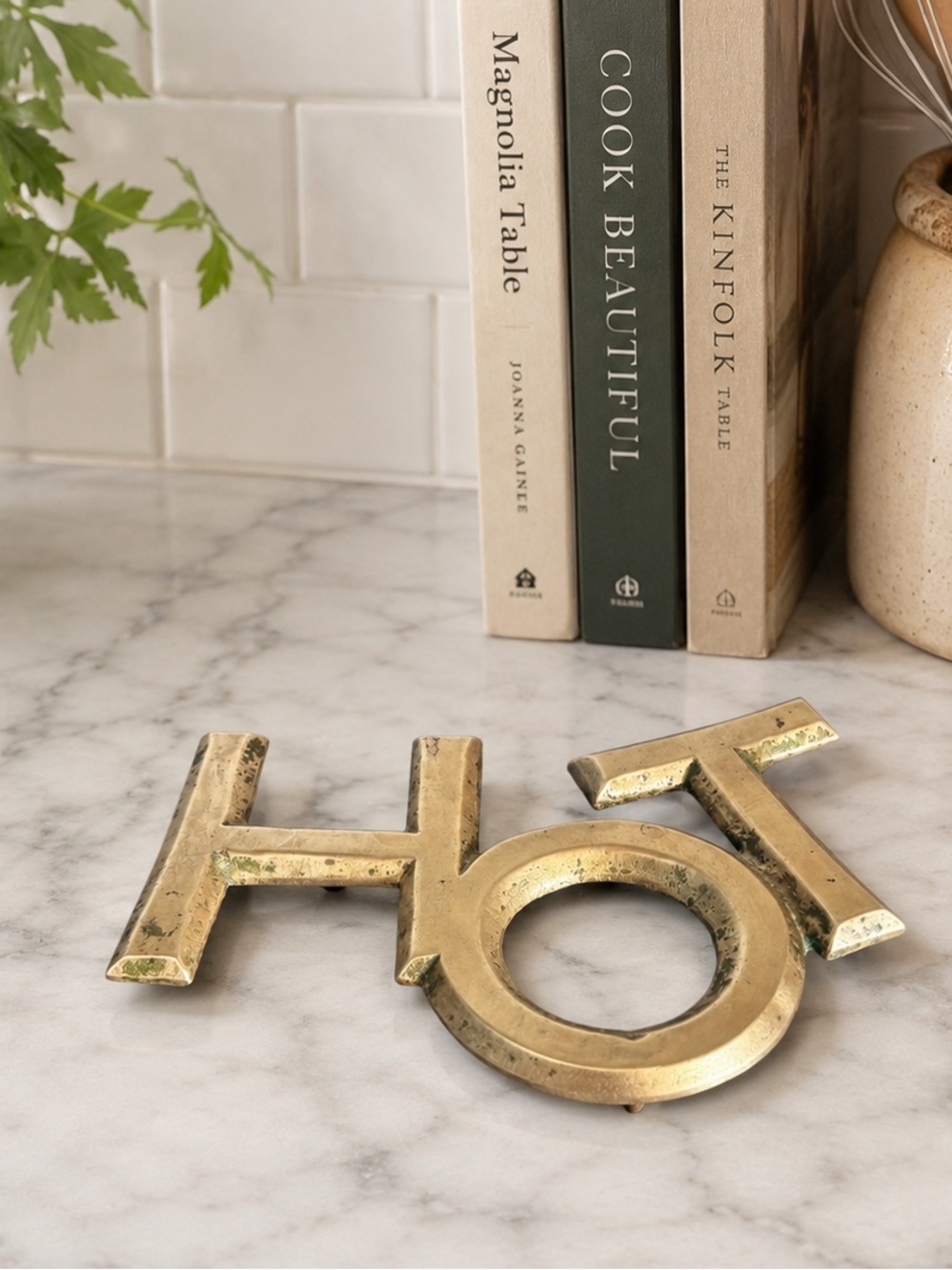 Vintage Solid Brass "HOT" Trivet | Mid Century Modern Kitchen Decor